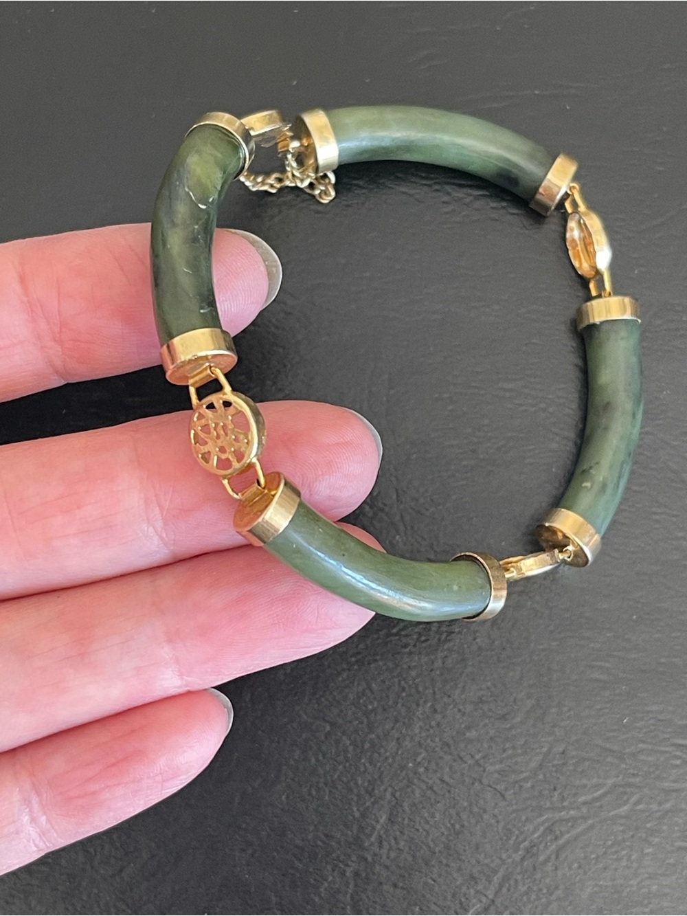 Vintage genuine Green nephrite Jade Tube Bracelet with Chinese character.